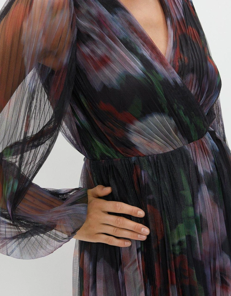 Printed Mesh Pleated Wrap Dress