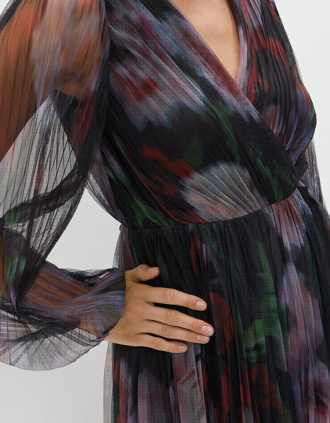 Printed Mesh Pleated Wrap Dress