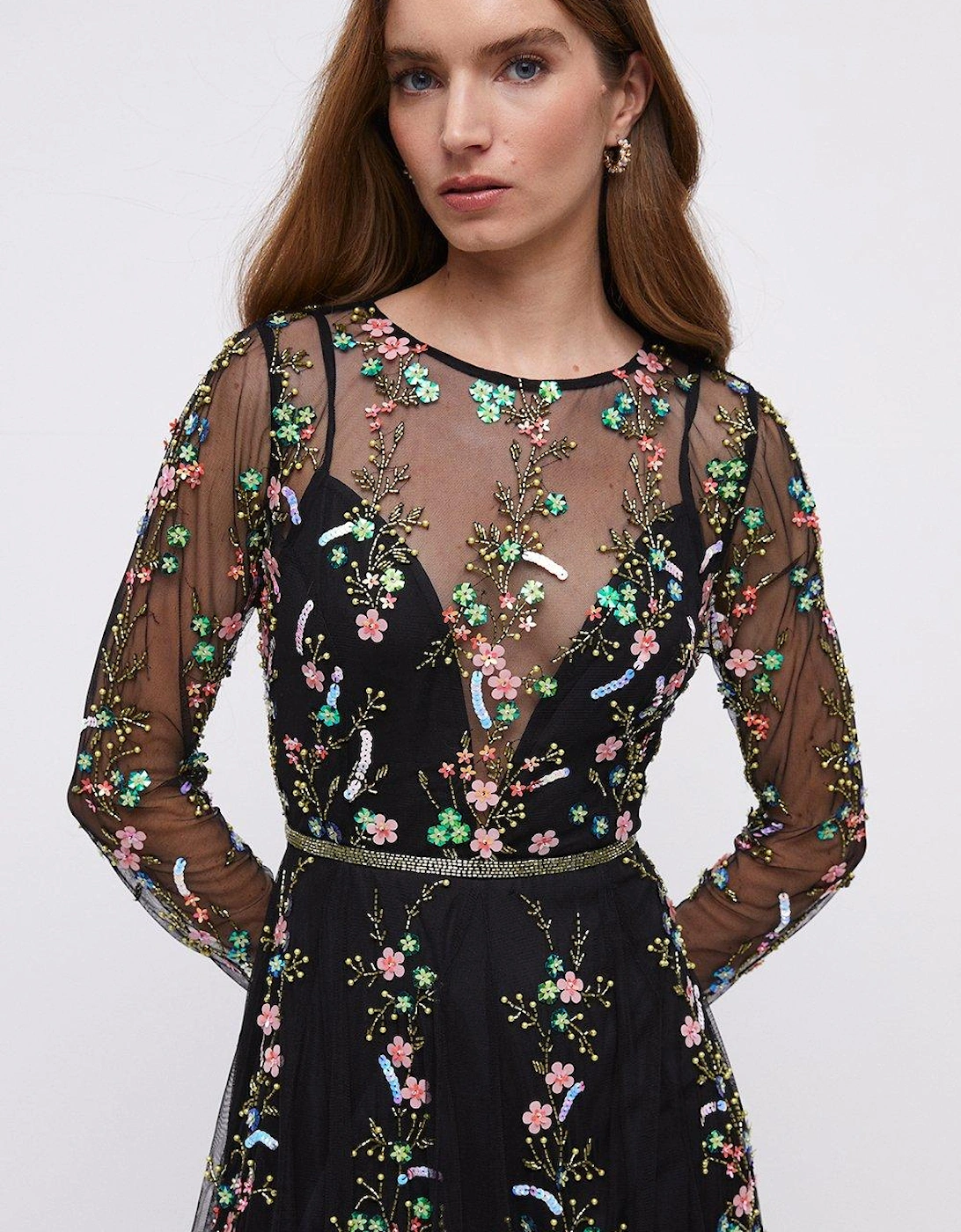 Hand Embellished Sequin Floral Panelled Maxi Dress