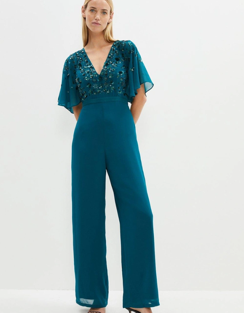 Jumpsuit With Beaded Cape Sleeve