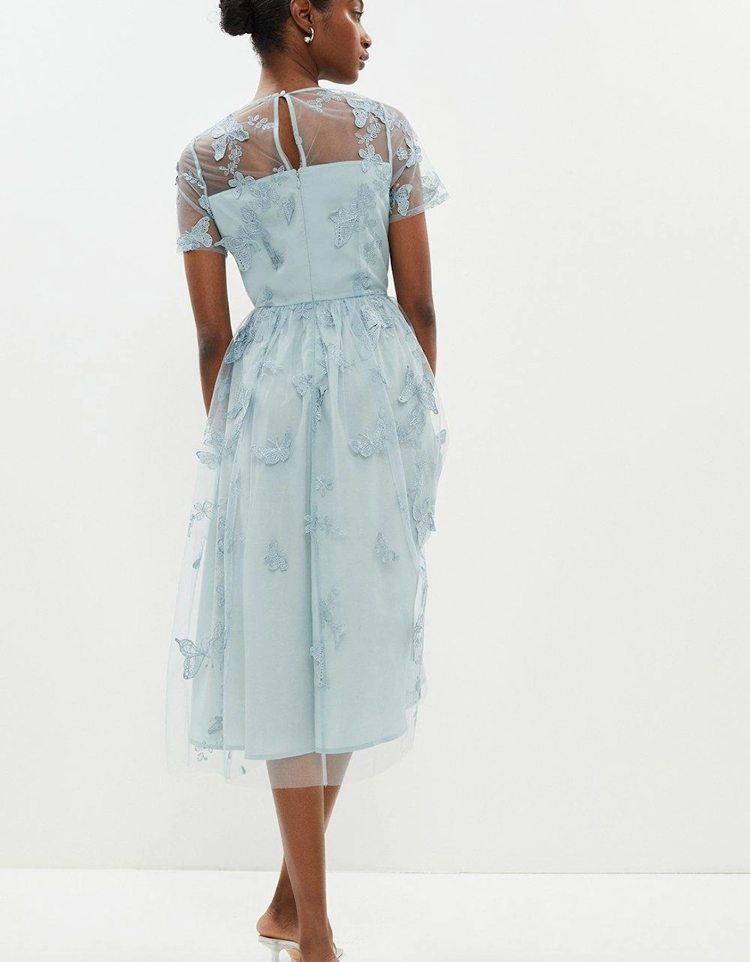 3d Embroidered Butterfly Mesh Midi Dress