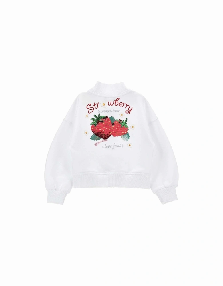 Girls White Strawberry Zip Up Sweater
