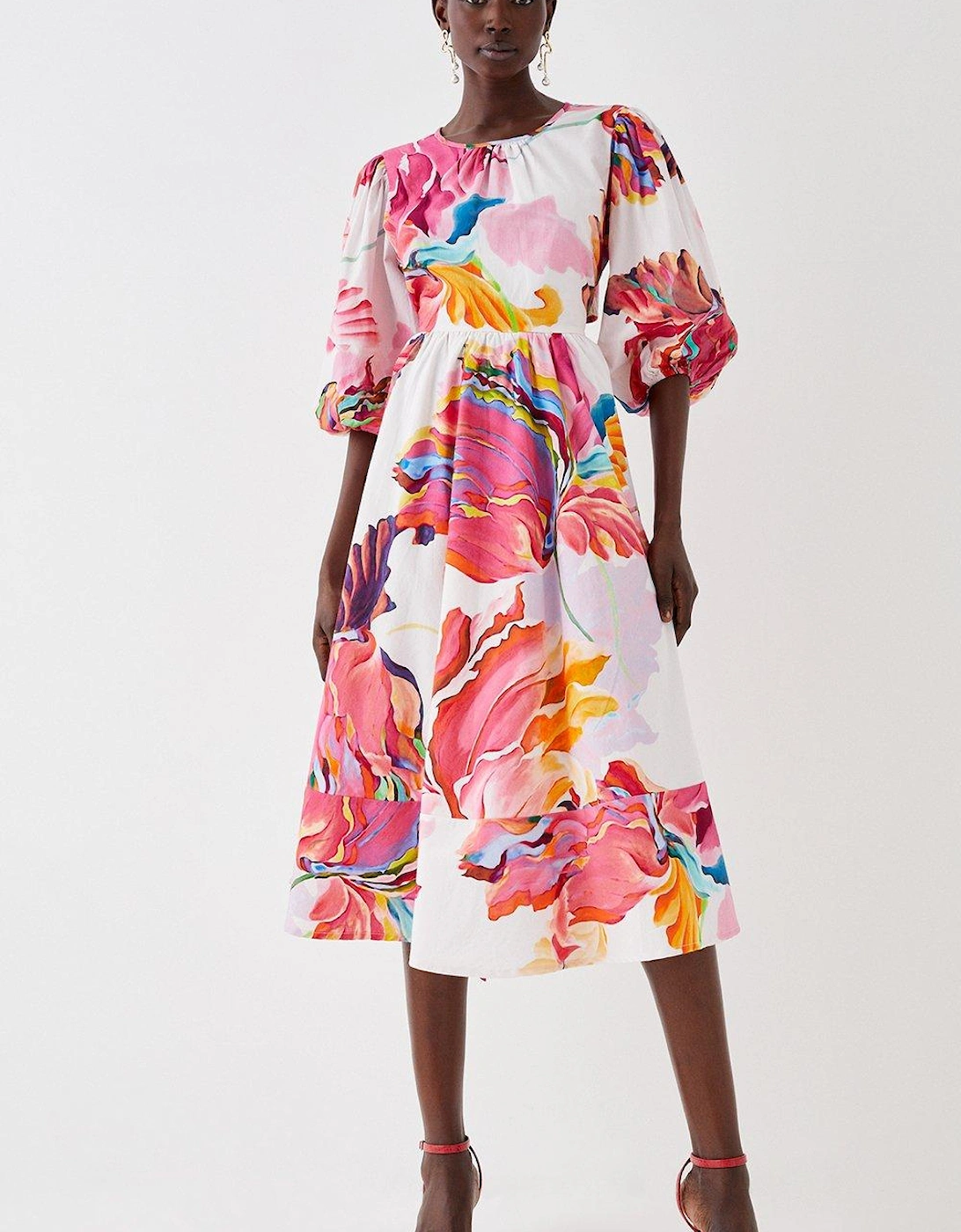 Cotton Printed Puff Sleeve Open Back Midi Dress, 5 of 4