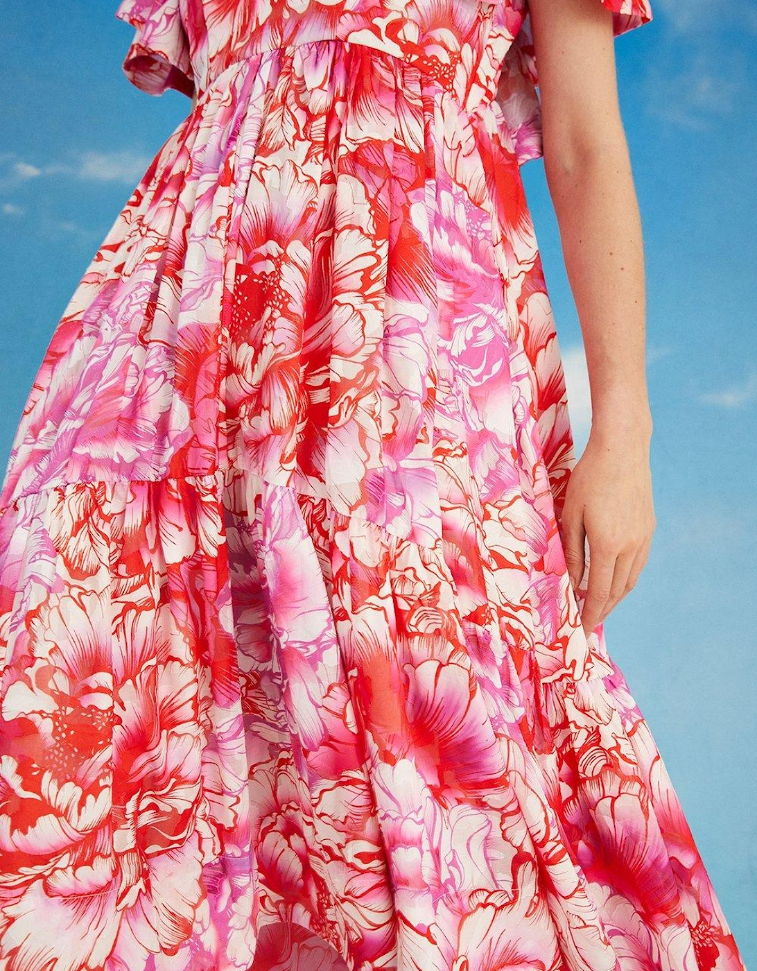 Lisa Tan Printed Ruffle Sleeve Midi Dress