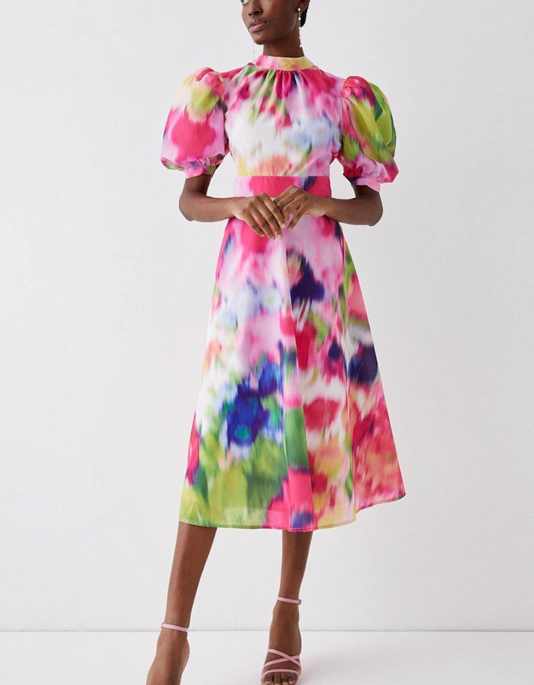 Blurred Floral Puff Sleeve Cutout Back Midi Dress