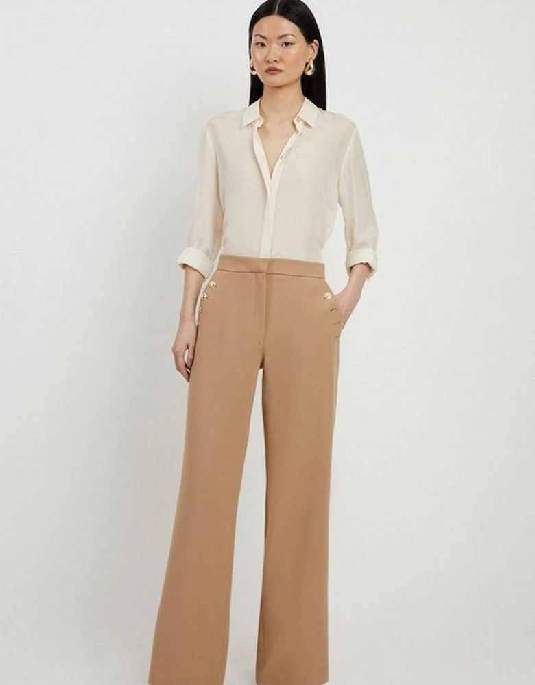 Compact Stretch Tailored Button Detail Wide Leg Trousers