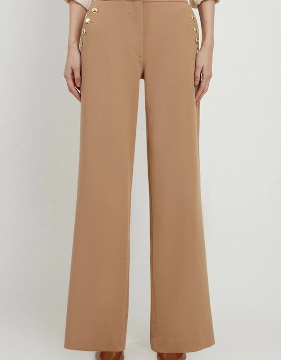 Compact Stretch Tailored Button Detail Wide Leg Trousers