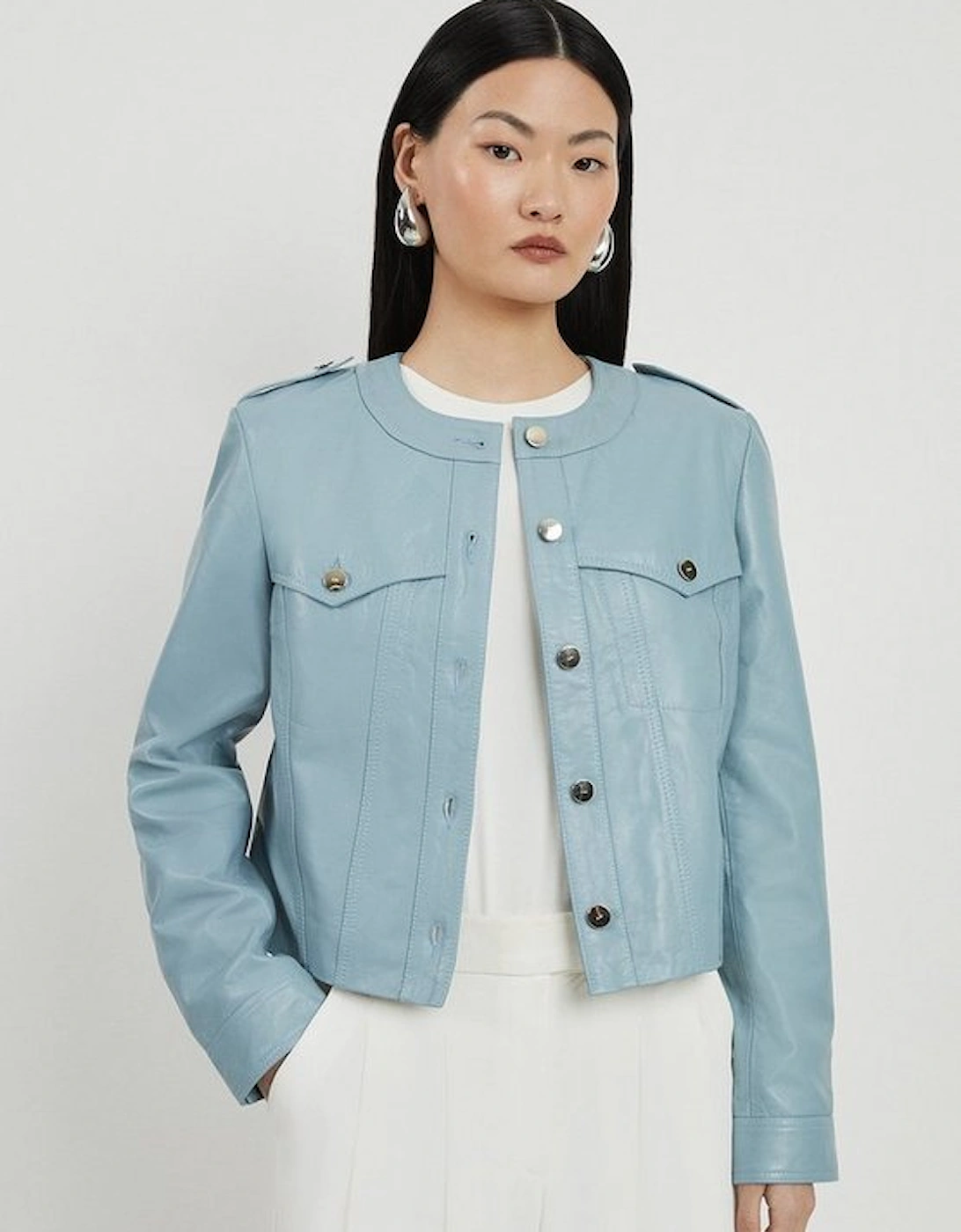 Leather Button Collarless Jacket, 5 of 4