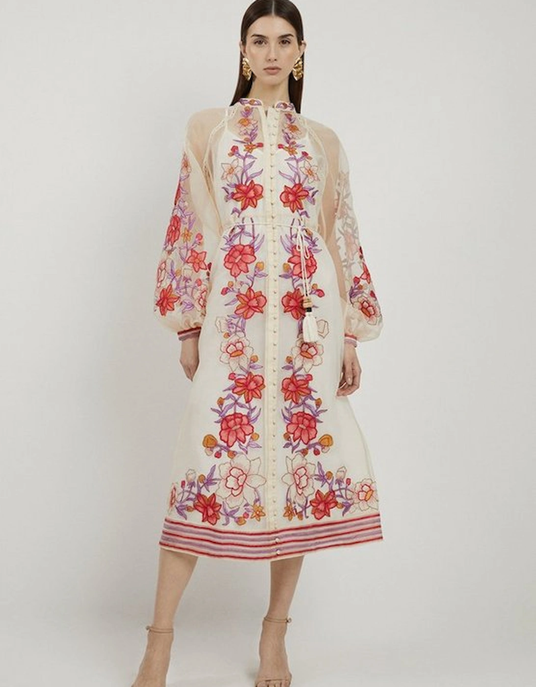 Petite Floral Embroidery Organdie Woven Midi Dress