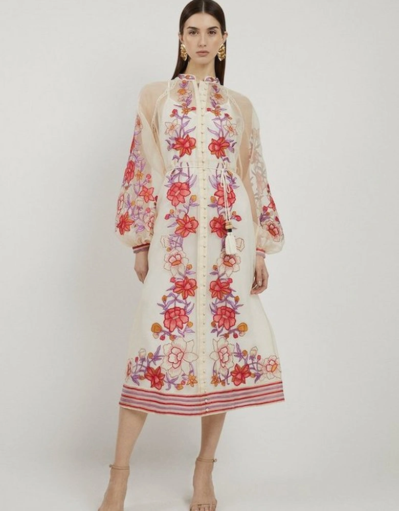 Floral Placed Embroidery Organdie Woven Midi Dress