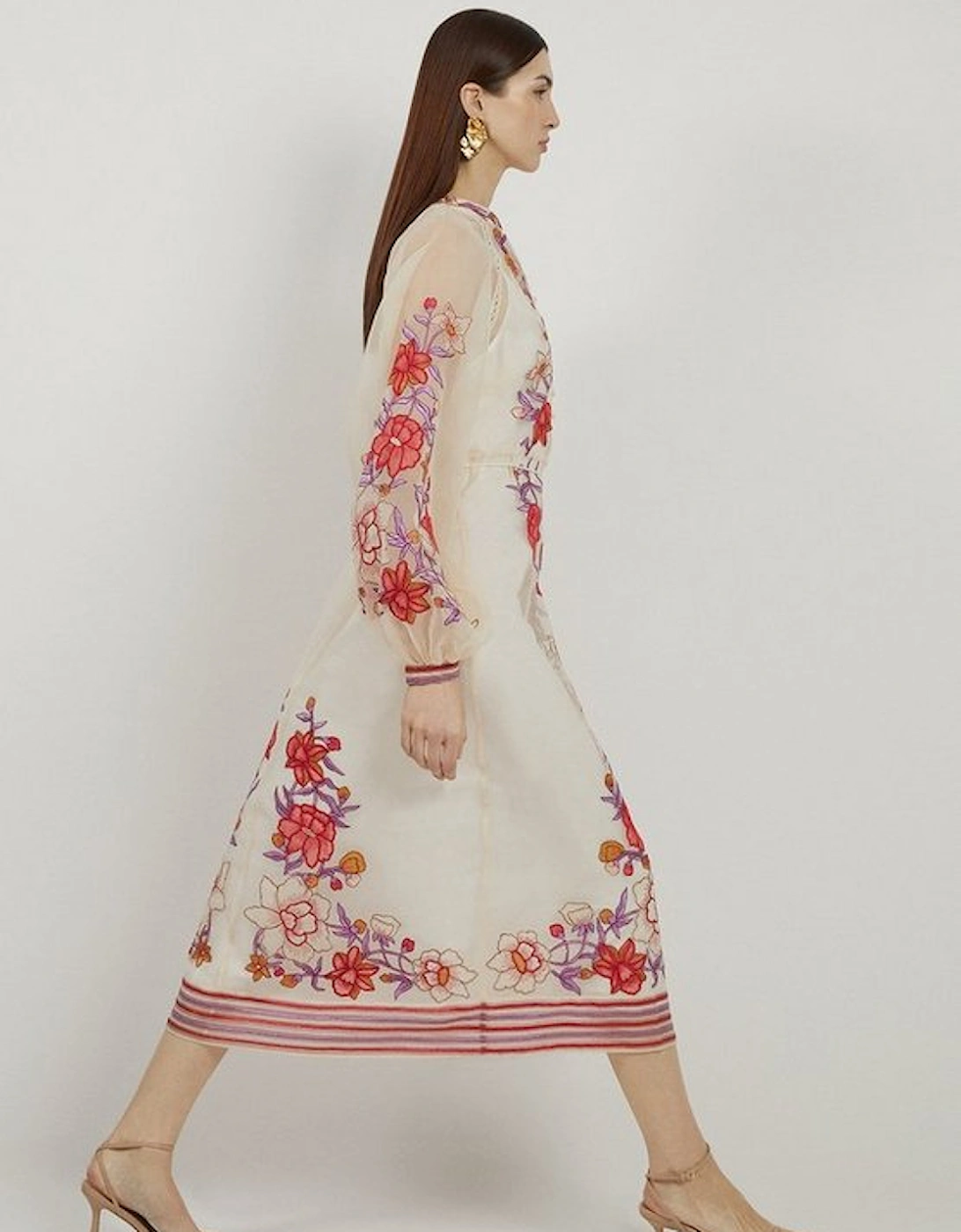 Floral Placed Embroidery Organdie Woven Midi Dress