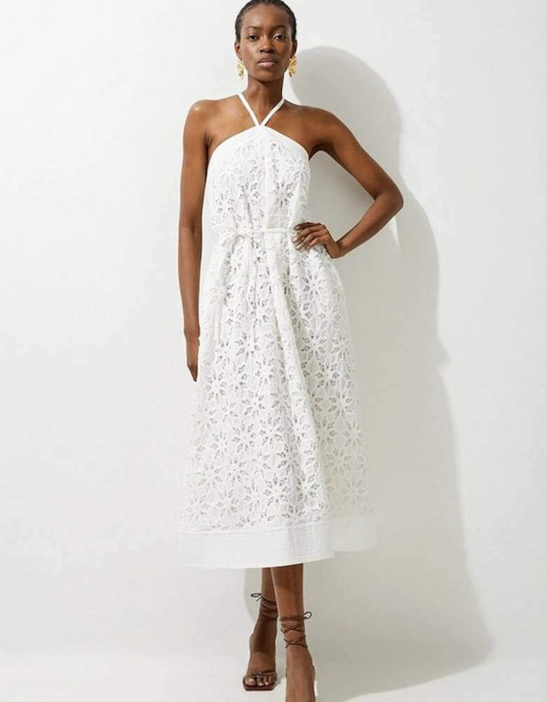 Crafted Cotton Embroidery Woven Halter Maxi Dress