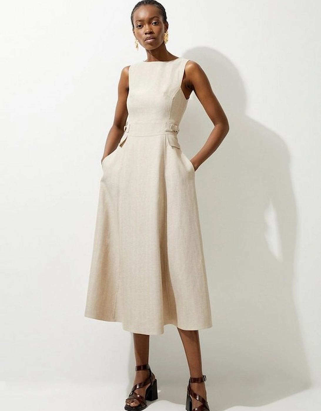 Premium Linen Tab Waist Detail Full Skirt Tailored Midi Dress, 4 of 3