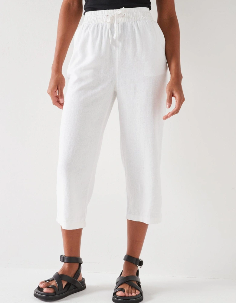 Crop Linen Blend Trousers - White