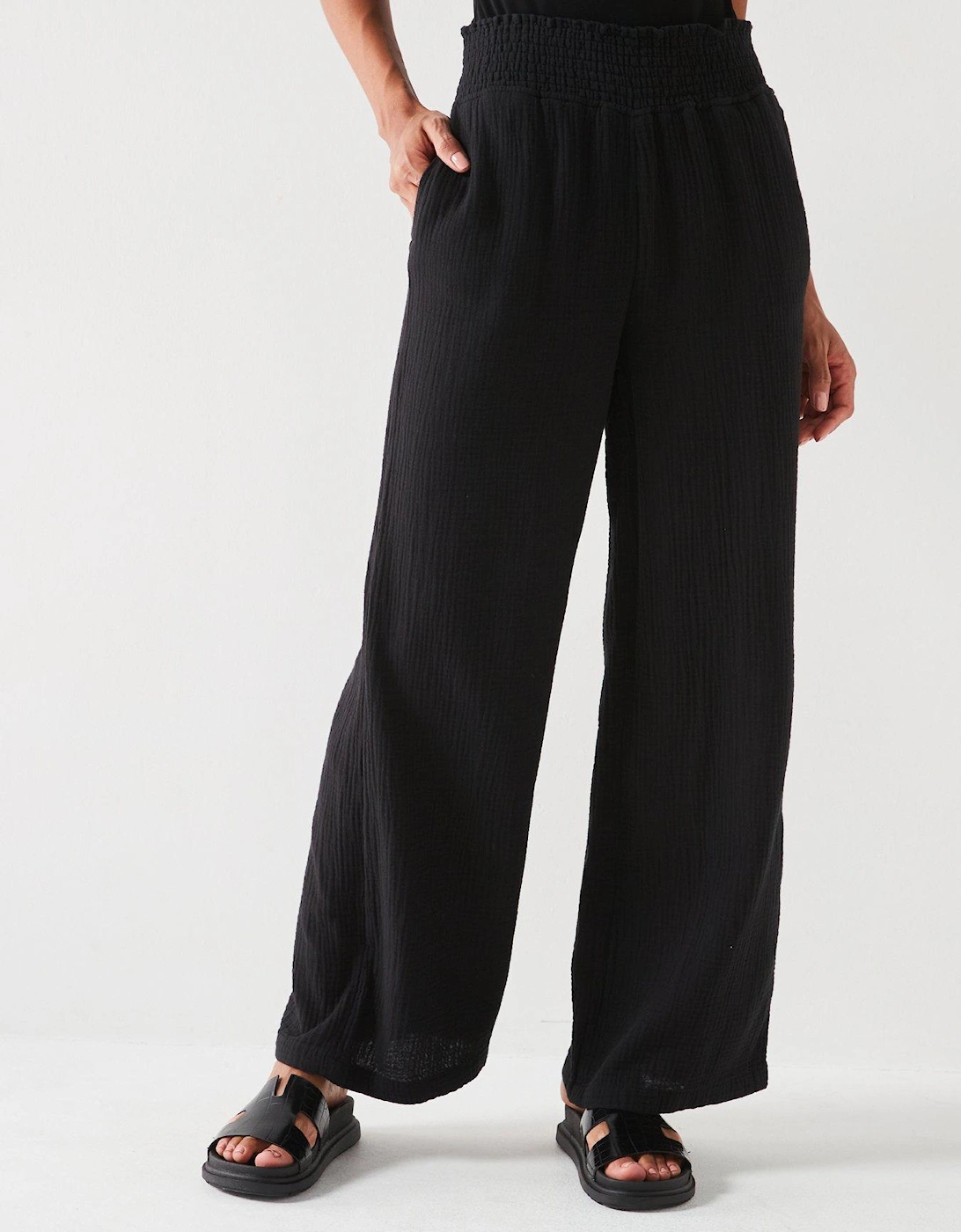 Crinkle Cotton Wide Leg Trousers - Black, 2 of 1
