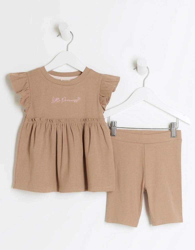Mini Mini Girls Ribbed Peplum T-shirt Set - Beige
