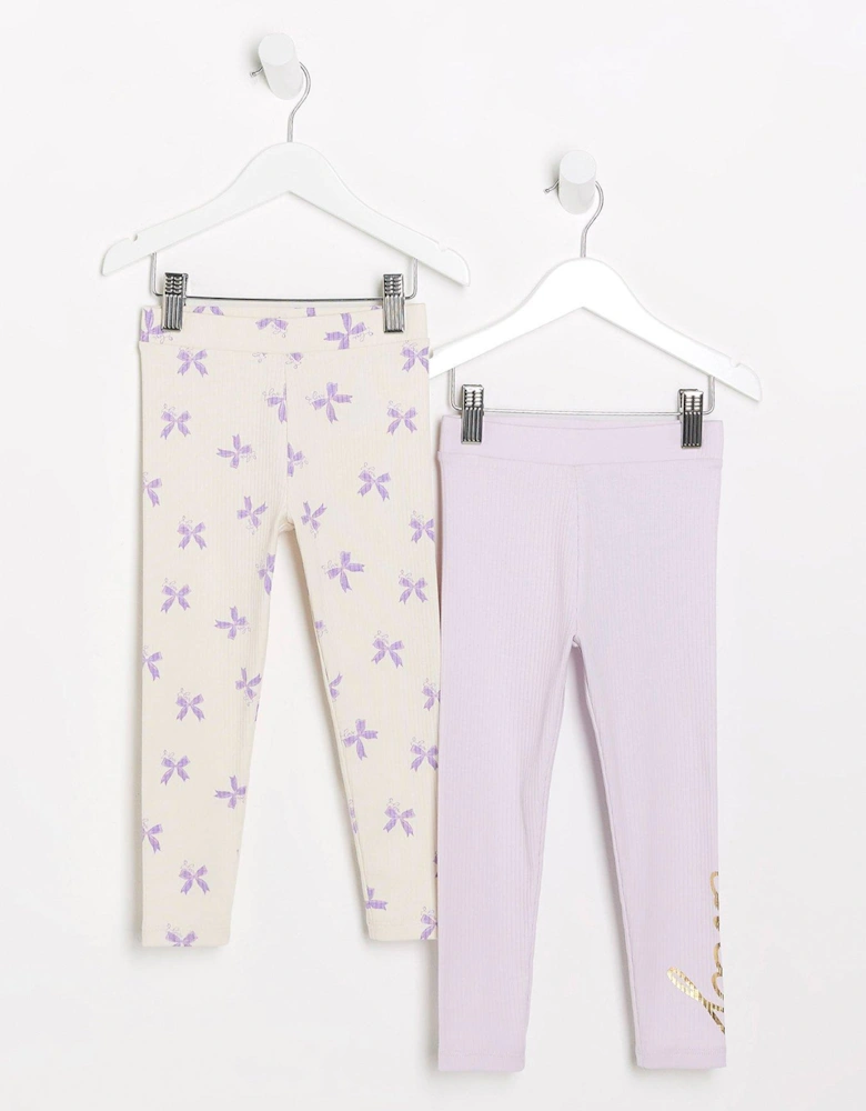 Mini Girls Bow Print Leggings 2 Pack - Purple
