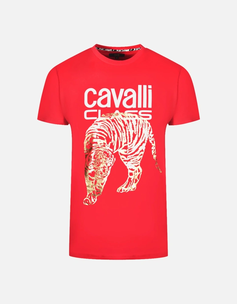 Cavalli Class Large Gold Tiger Stencil Logo Red T-Shirt