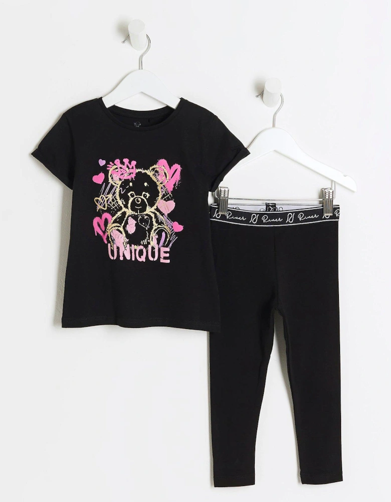 Mini Girls Bear Graphic T-shirt Set - Black