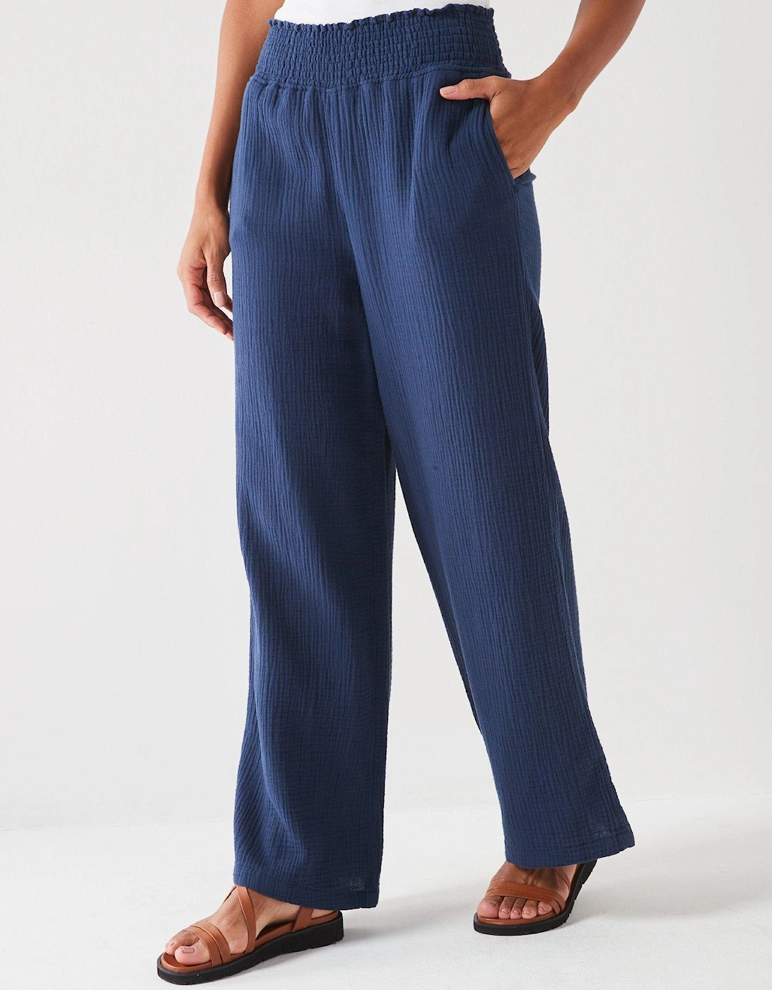 Crinkle Cotton Wide Leg Trousers - Navy, 2 of 1