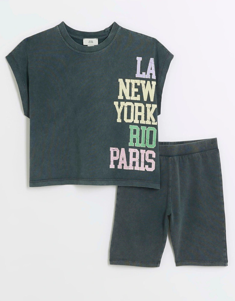 Girls T-shirt And Cycling Shorts Set - Grey