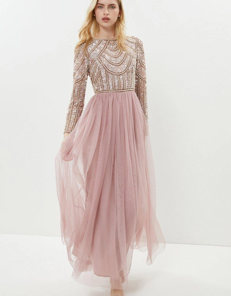 Pearl Embellished Bodice Bridesmaids Tulle Skirt Dress