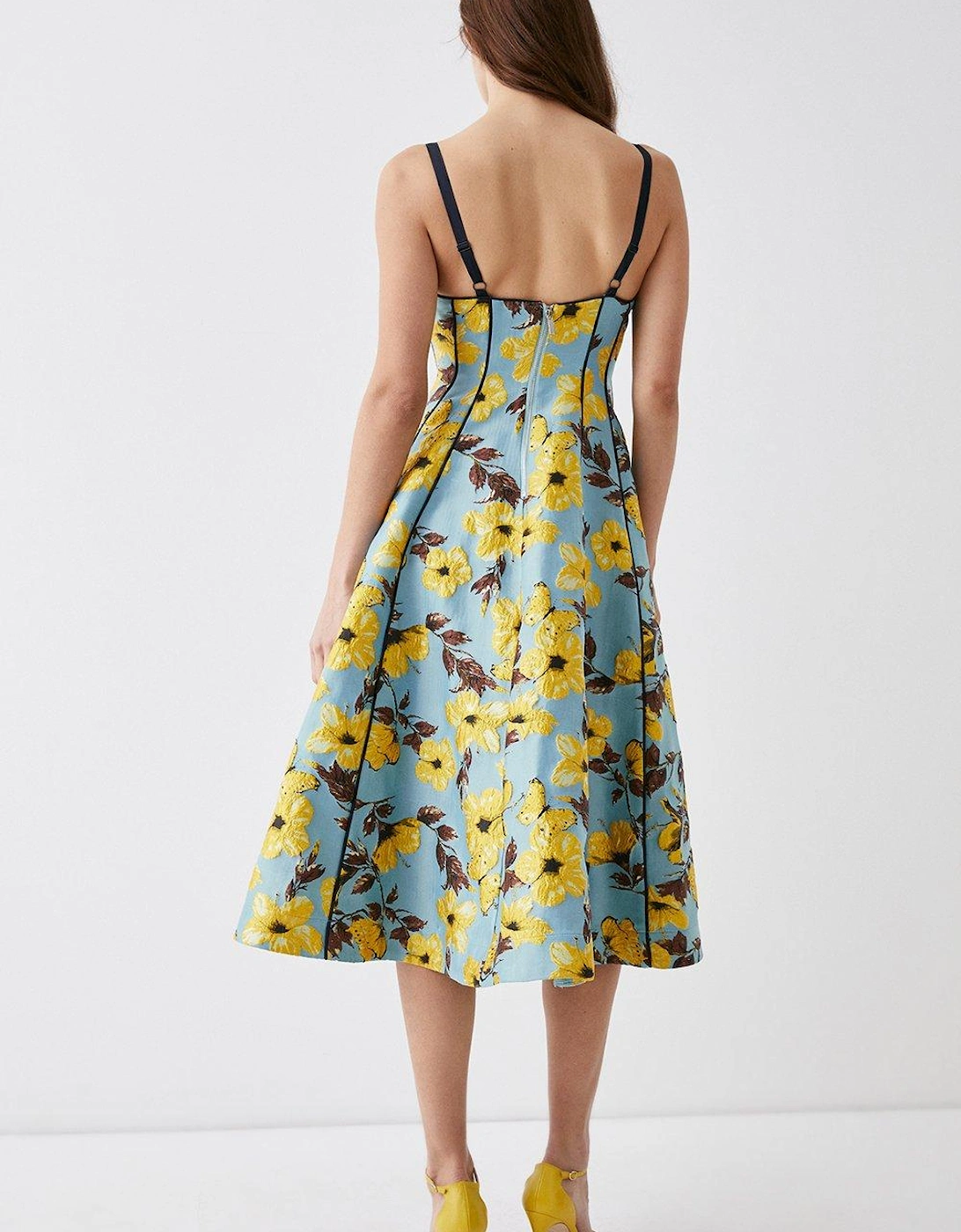 Jacquard V Neck Panelled Full Skirt Midi Dress