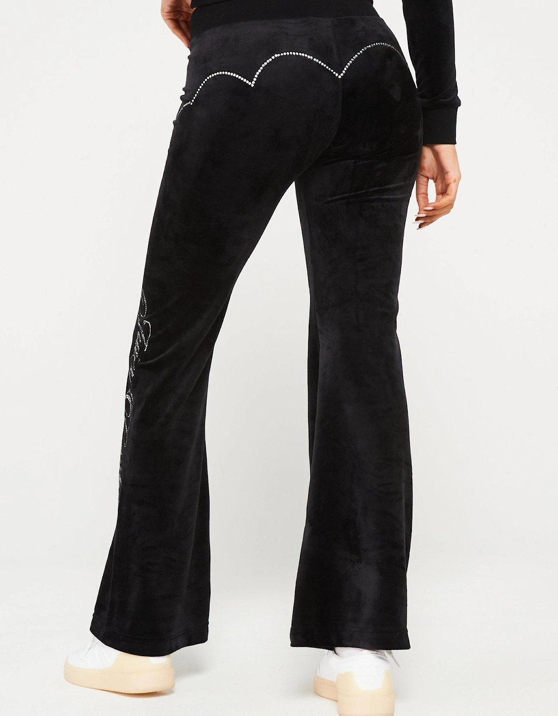 Western Velour Low Rise Trackpant With Diamante Detailing - Black