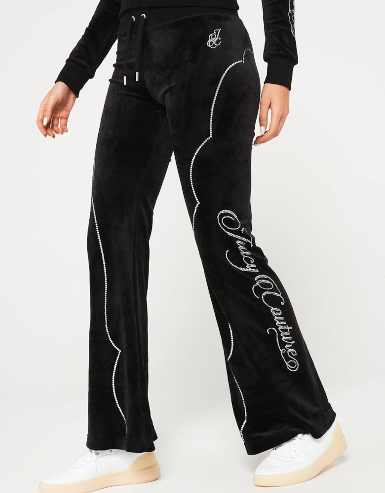 Western Velour Low Rise Trackpant With Diamante Detailing - Black