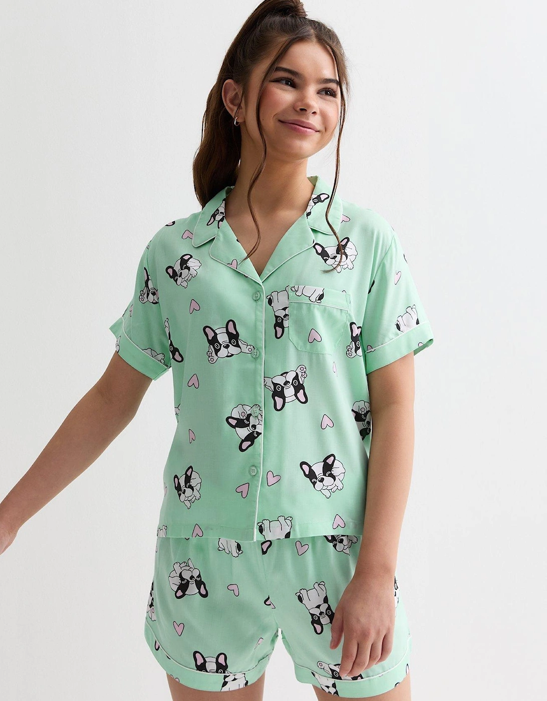 Girls Mint Green Revere Short Pyjama Set With Frenchie Print, 2 of 1