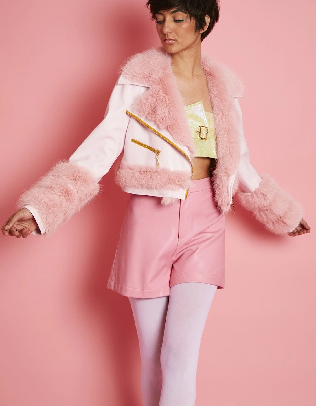 Pink Faux Leather with Pink Faux Fur Biker Jacket