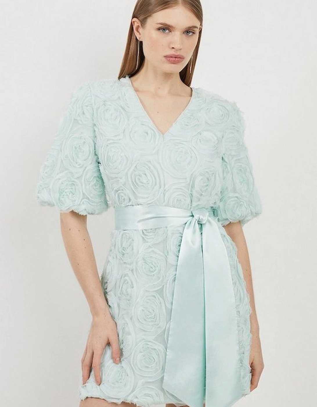 Romantic Rosette Texture Woven Tie Waist Mini Dress, 5 of 4