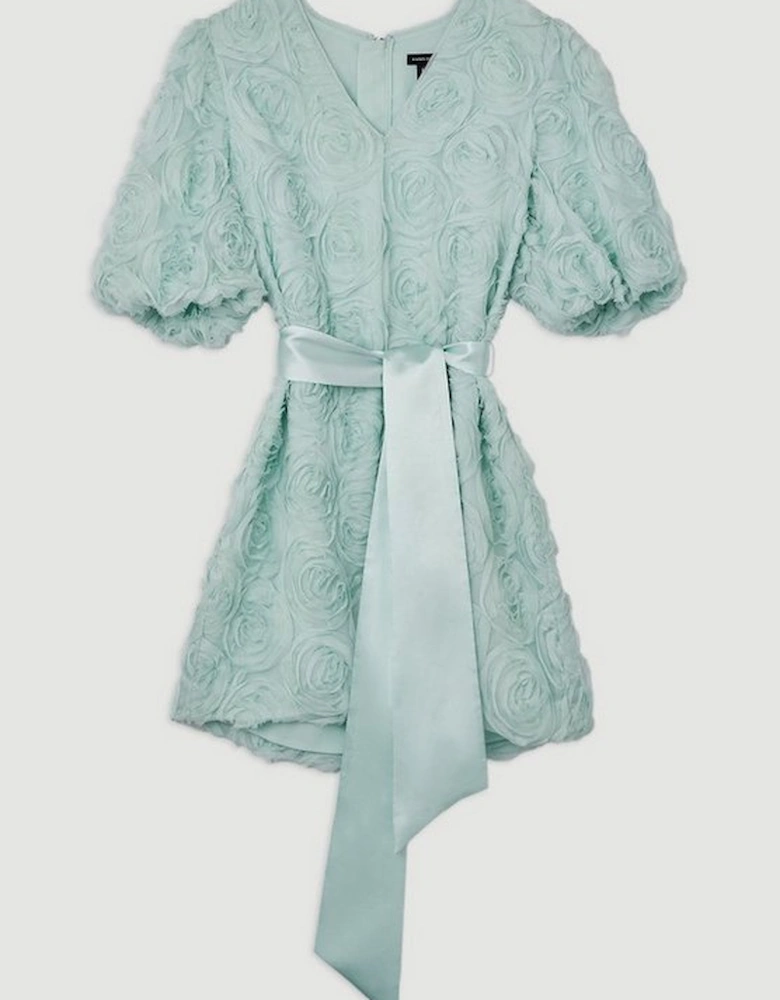 Romantic Rosette Texture Woven Tie Waist Mini Dress