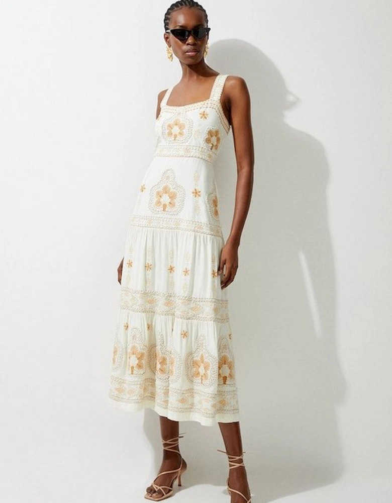 Petite Linen Embroidered Strappy Woven Maxi Dress