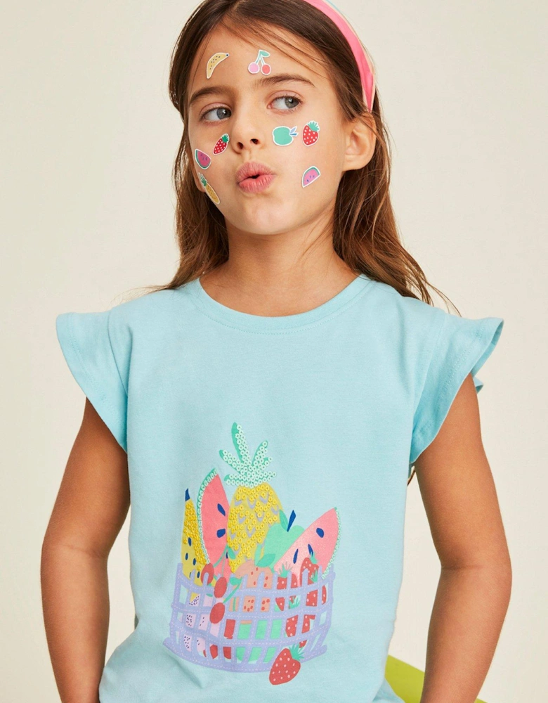 Girls Fruit Basket Print Angel Sleeve Tshirt - Blue