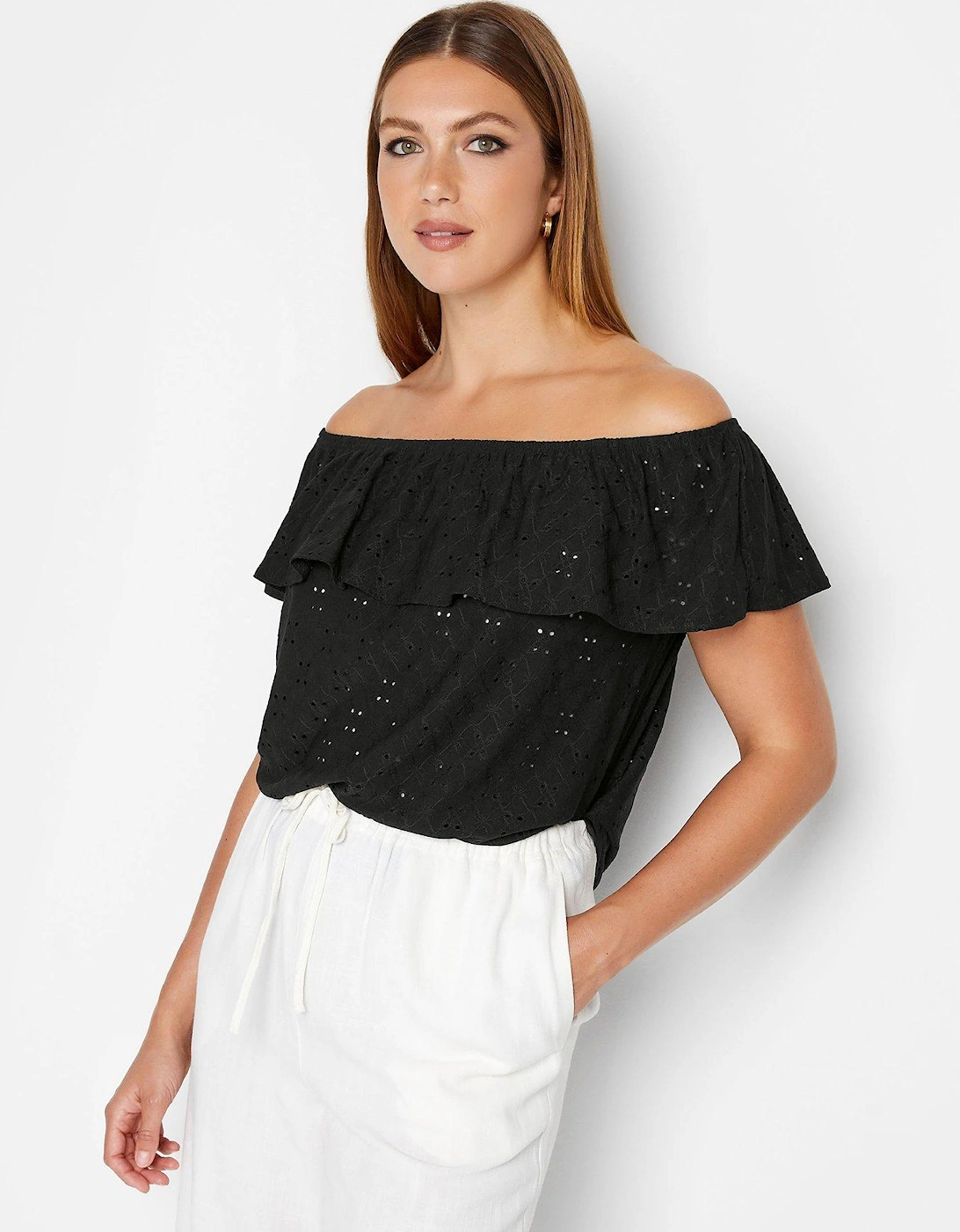  Broderie Frill Bardot Top - Black, 2 of 1