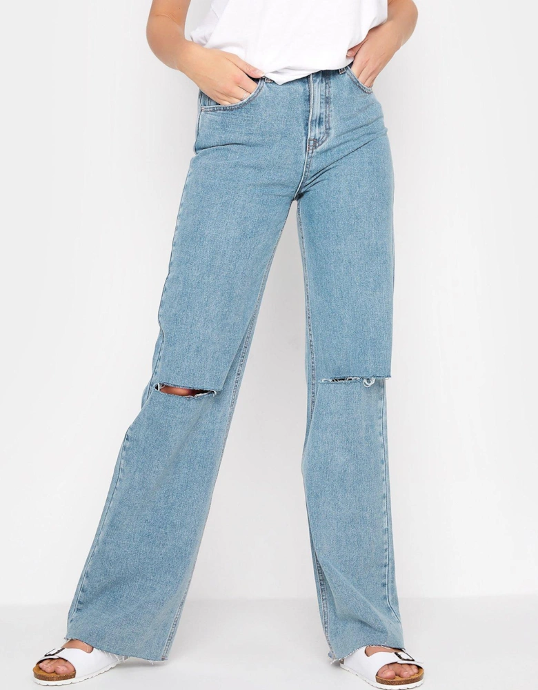 Ripped Knee High Rise Jeans - Blue