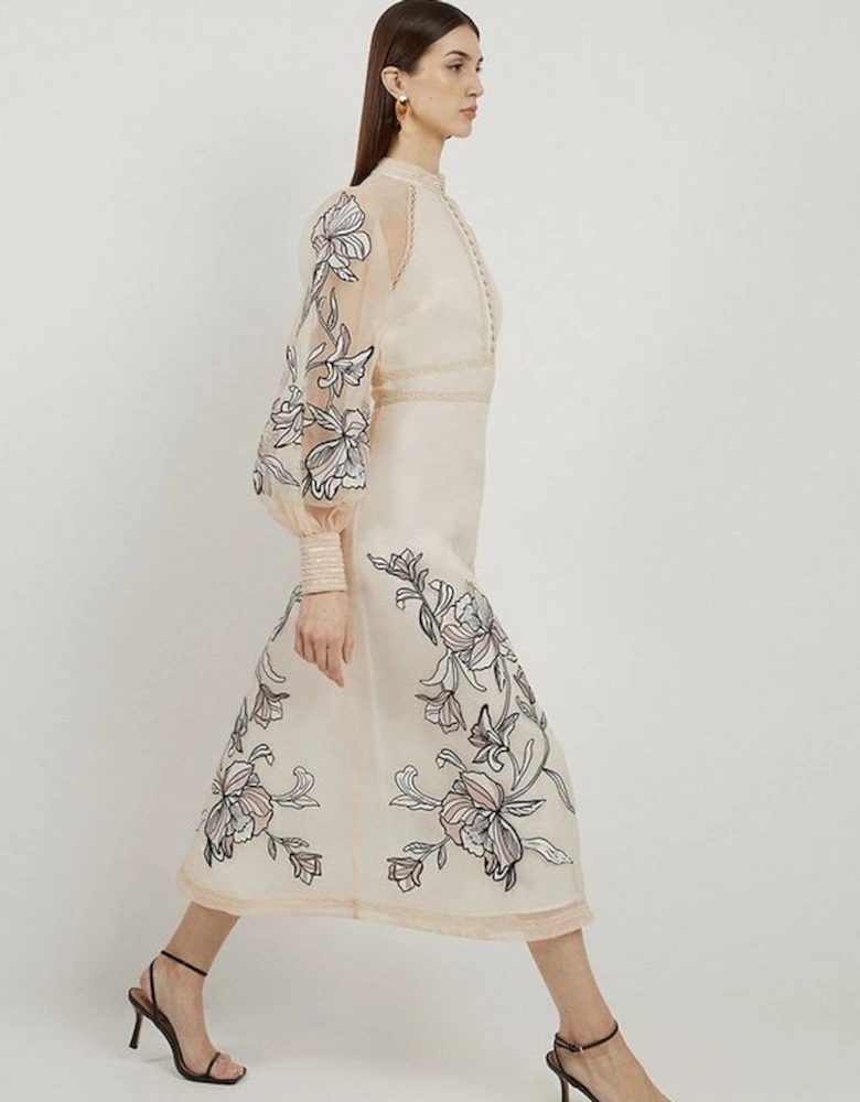 Floral Embroidery Organdie Woven Midi Dress
