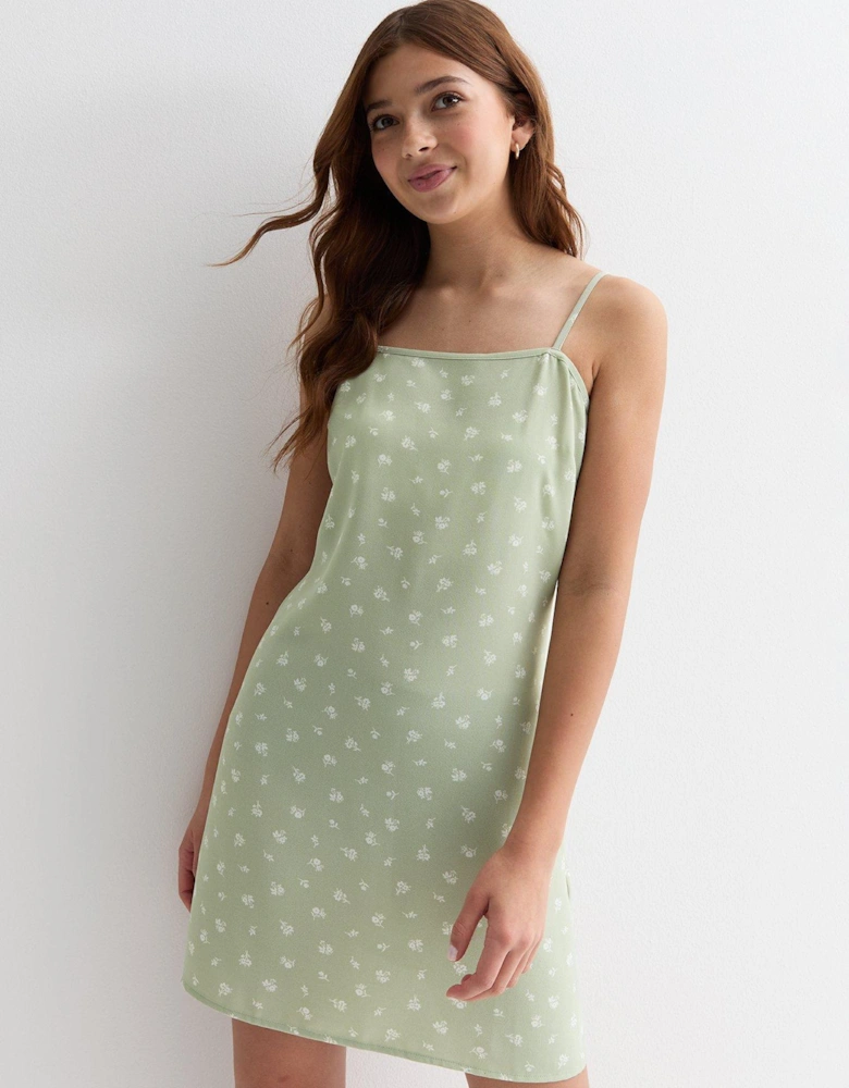 Girls Green Ditsy Floral Strappy Dress
