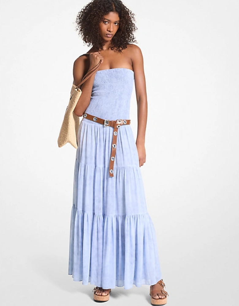 Chambray Print Smocked Georgette Maxi Dress