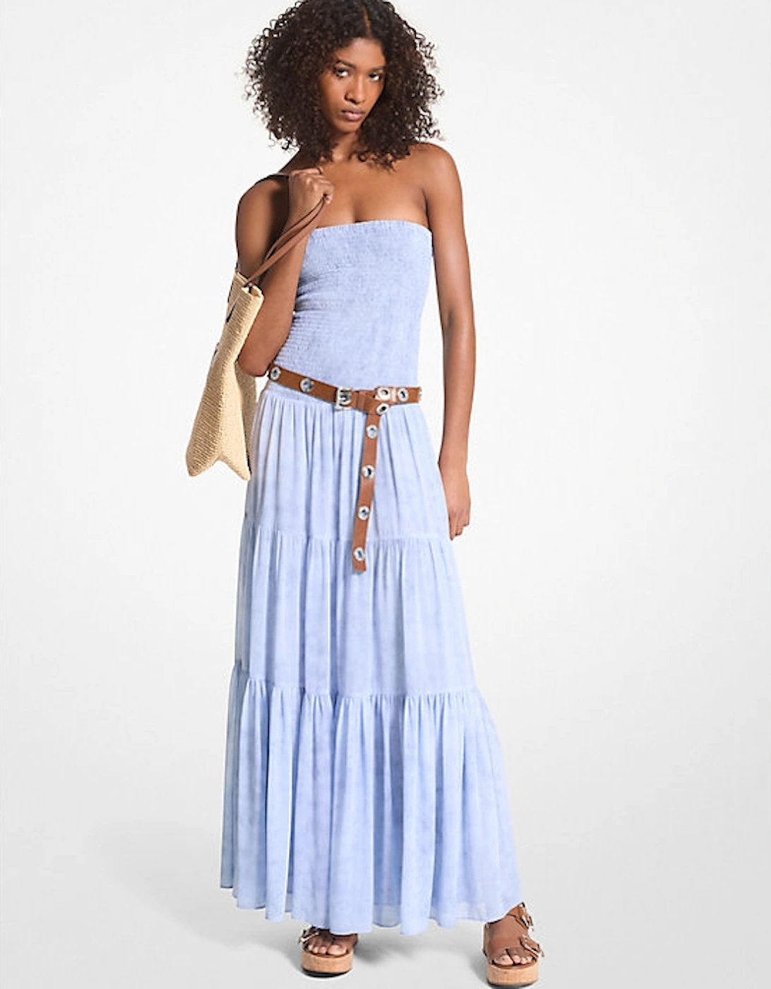 Chambray Print Smocked Georgette Maxi Dress, 2 of 1