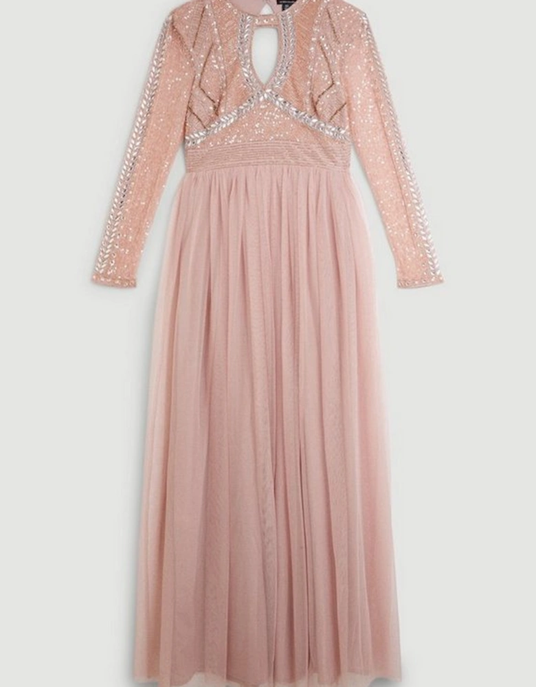 Embellished Woven Maxi Dress With Tulle Skirt