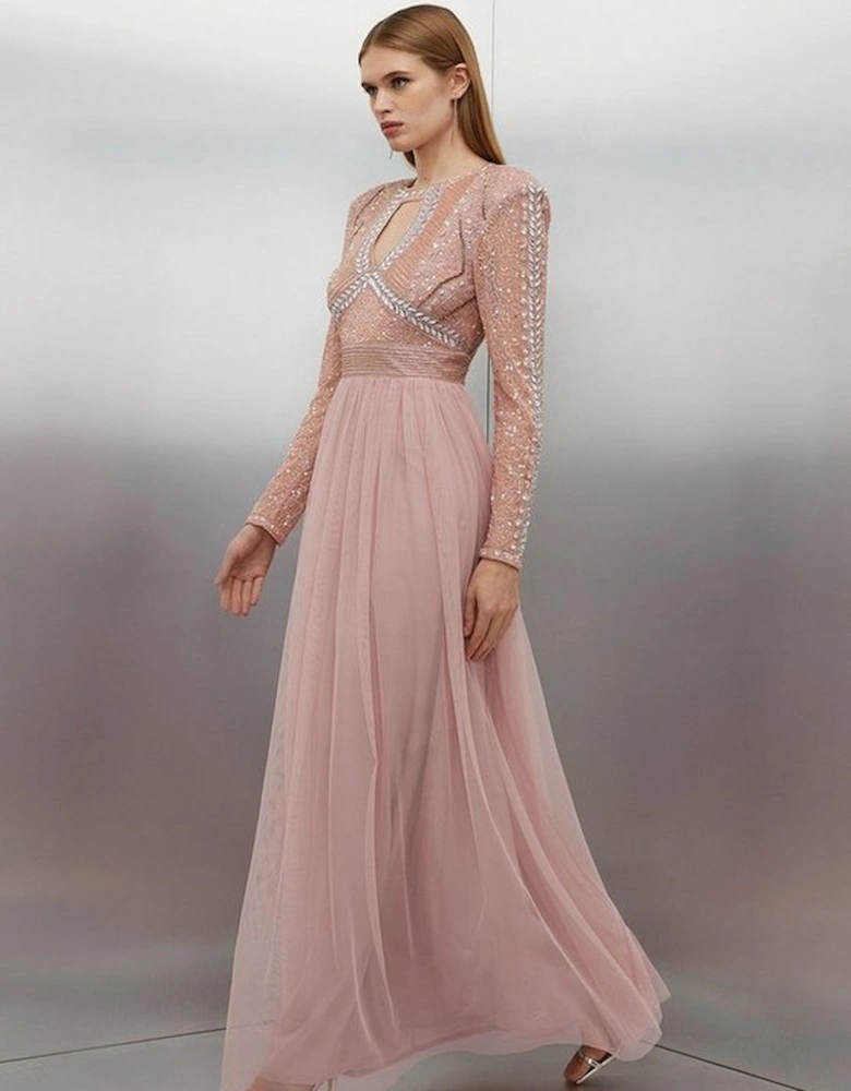 Embellished Woven Maxi Dress With Tulle Skirt