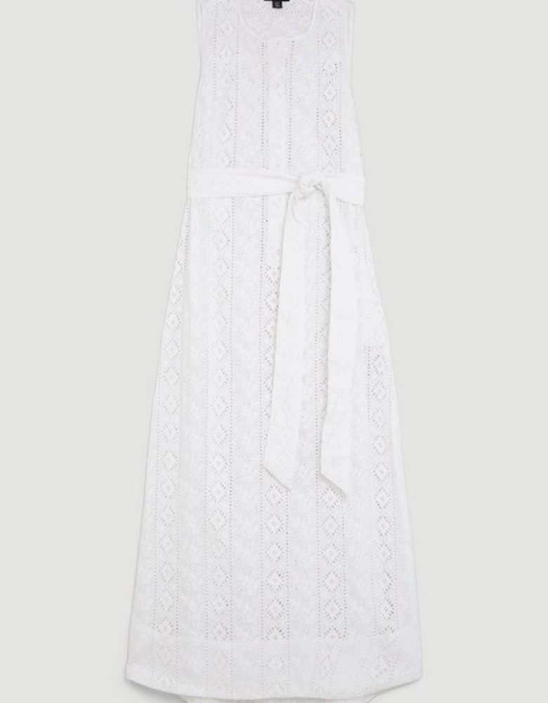 Cotton Broderie Belted Sleeveless Woven Midaxi Dress