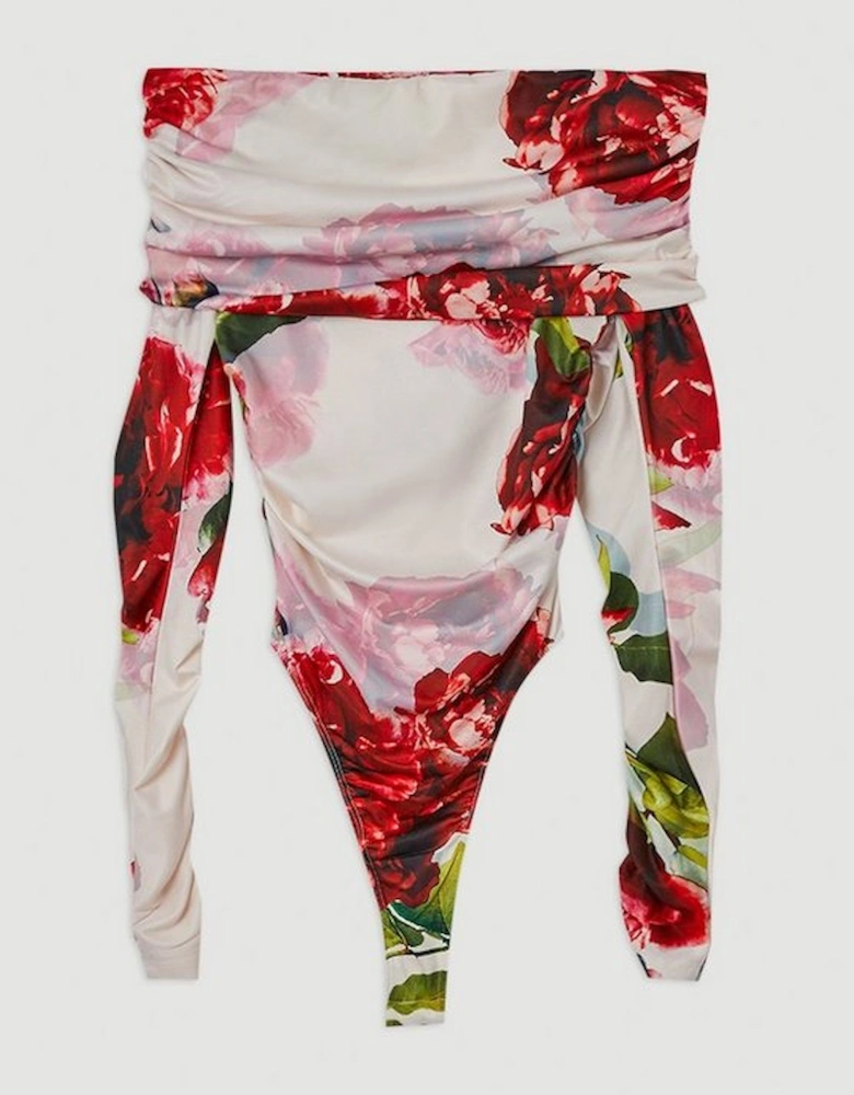 Rose Print Drapey Crepe Jersey Bardot Bodysuit