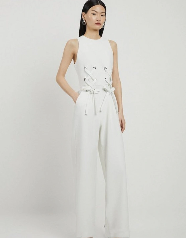 Compact Stretch Eyelet Detailed Ribbon Jumpsuit