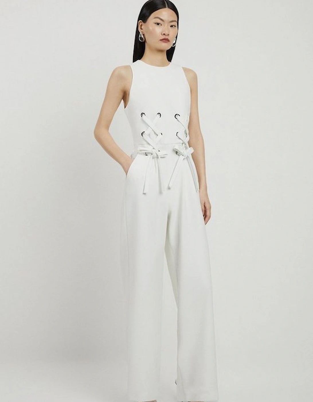 Compact Stretch Eyelet Detailed Ribbon Jumpsuit, 5 of 4