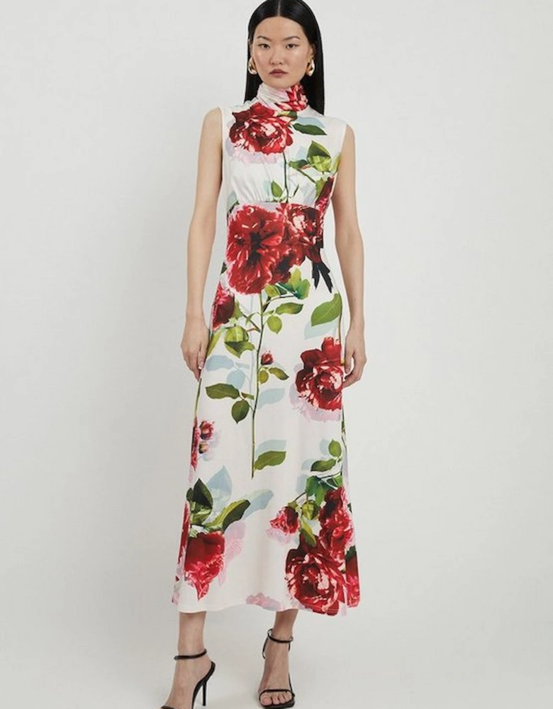 Rose Print High Neck Drapey Crepe Jersey Maxi Dress