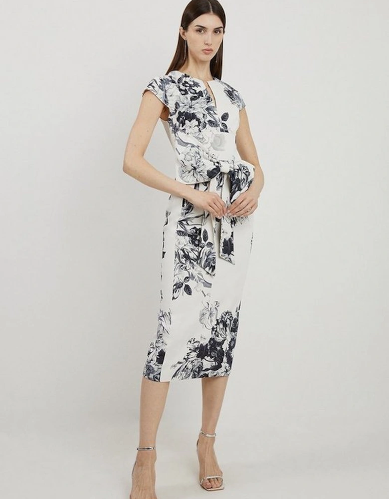 Tall Tailored Crepe Mono Floral Bow Detail Midi Dress
