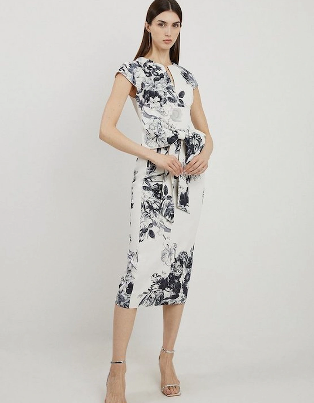 Tall Tailored Crepe Mono Floral Bow Detail Midi Dress, 4 of 3